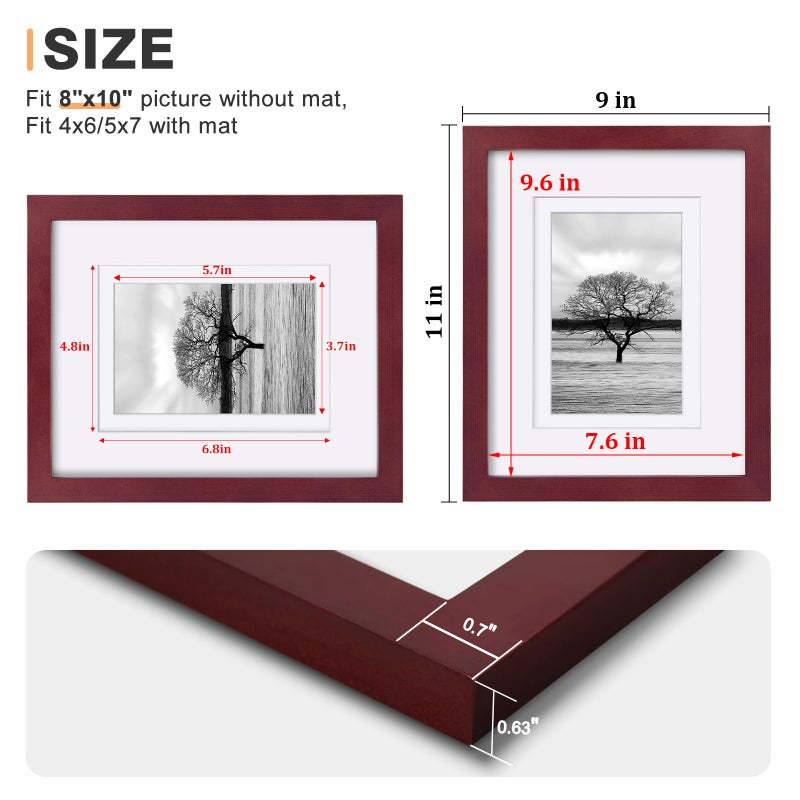 Egofine 8x10 Picture Frame Made of Solid Wood, Covered by Plexiglass for Pictures 4x6 or 5x7 with Mat or 8x10 Without Mat, Photo Frame for Table Top and Wall Display, Cherry Red - Image 3